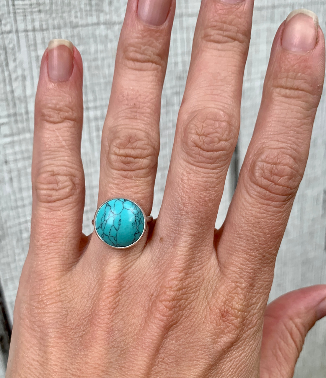 Round Bright Blue Veined Tibetan Turquoise Sterling Silver Ring