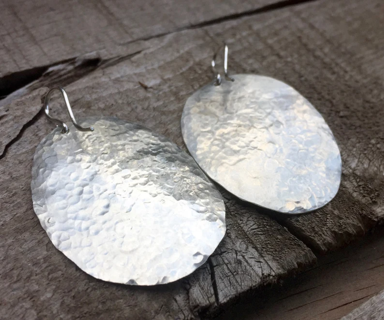 Large Oval Hammered Sterling Silver Dangle Earrings