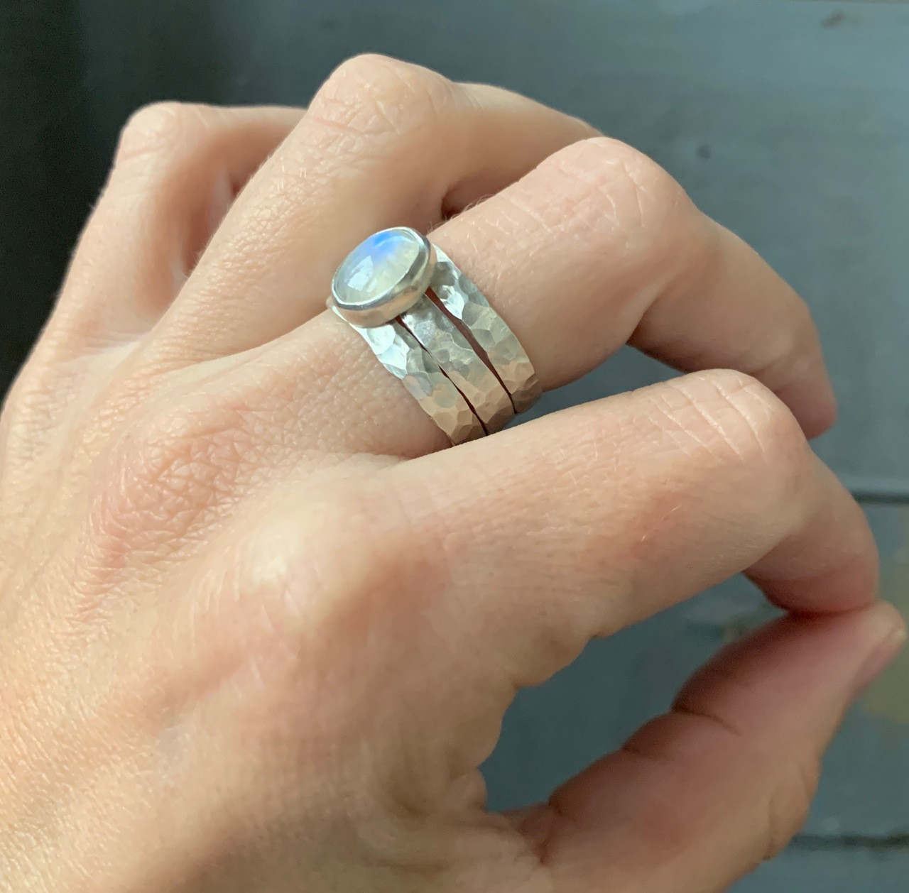 White Howlite Turquoise Sterling Silver Hammered Band Trio Ring