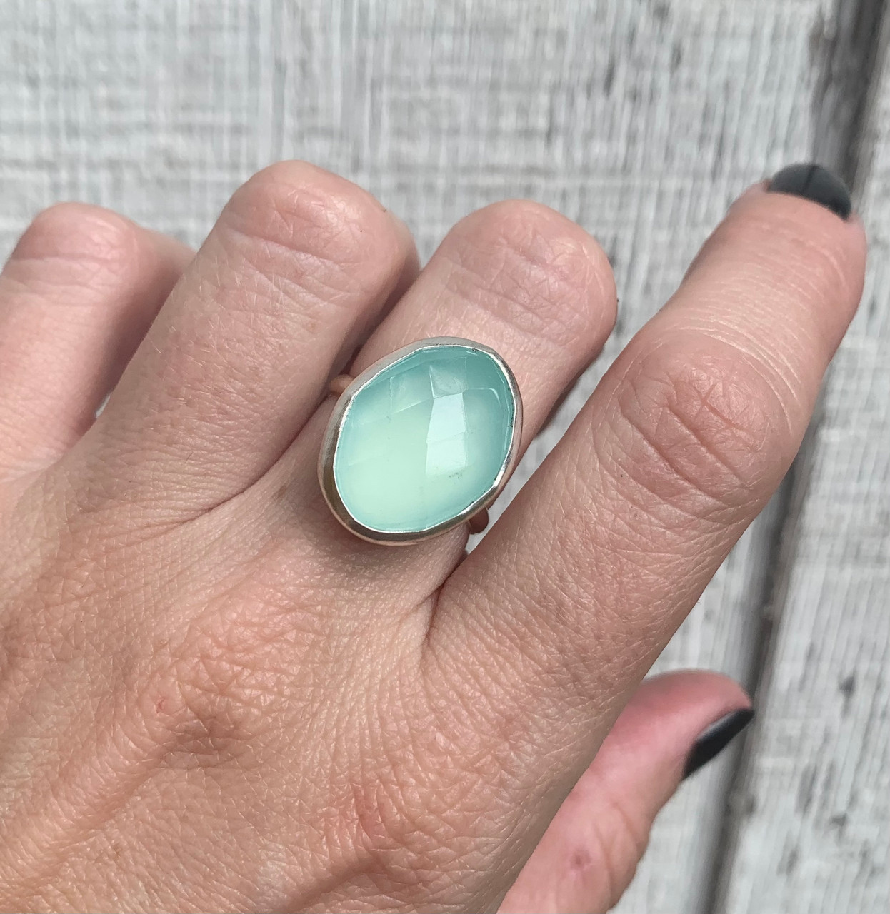 Oval Faceted Aqua Chalcedony Serling Silver Ring Size 9-9.5