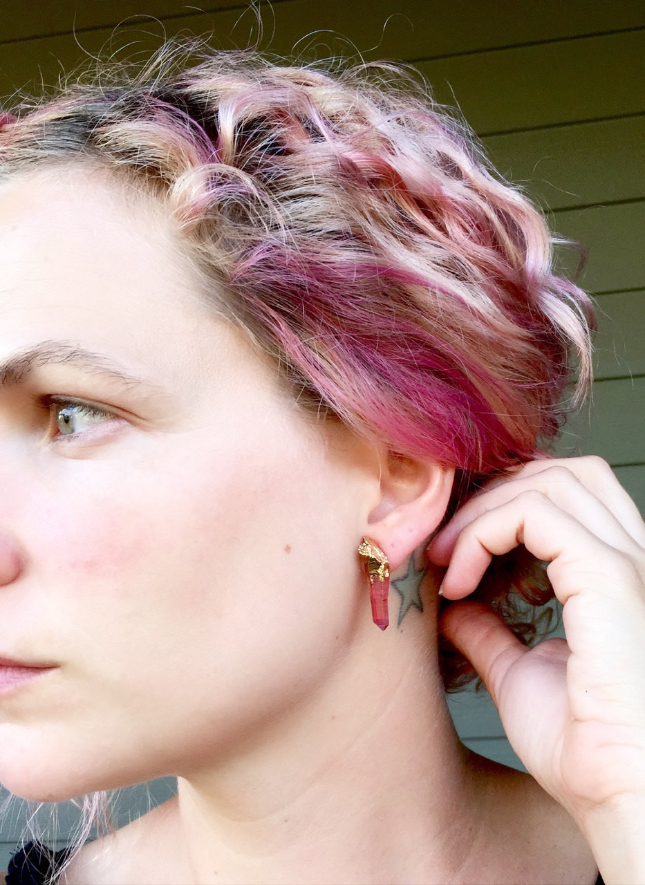 Rainbow Hot Pink Druzy Earrings Silver Stud Earrings Sterling