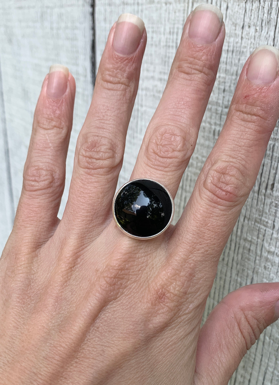 Minimalist Large Round Jet Black Onyx Circle Sterling Silver Statement Ring, Black Gemstone Ring, Edgy, Goth, Rocker