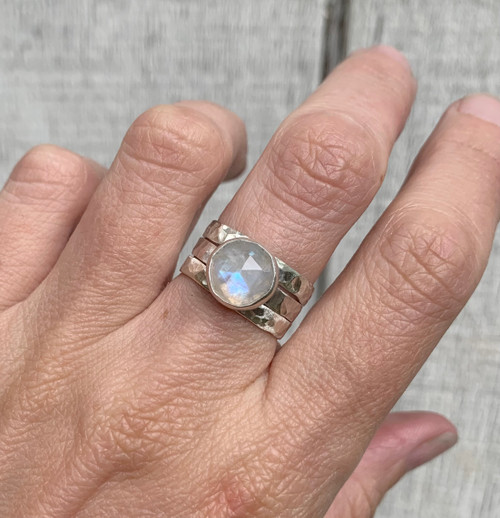 White Faceted Moonstone Sterling Silver Three Band Stacking Ring
