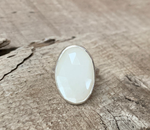 Large Oval Faceted White Moonstone Sterling Silver Ring 