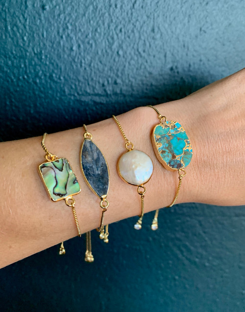 Push Toggle Gold Plated Abalone, Kyanite, Mother of Pearl, Turquoise Adjustable Bracelet
