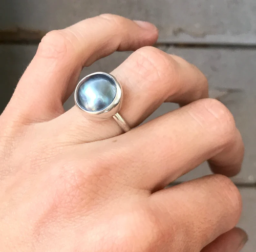 14mm Blue Luminescent Mabe South Sea AAA Pearl Sterling Silver Ring