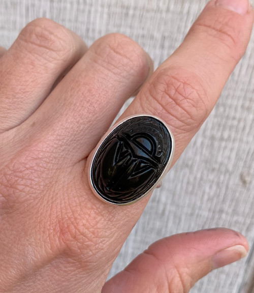 Vintage Black Agate Carved Egyptian Scarab Sterling Silver Ring 