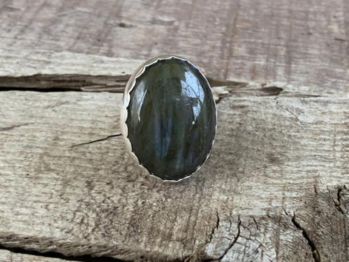 Large Oval Striped Grey Blue Purple Flashy Labradorite Sterling Silver Ring with Hammered Ring Band