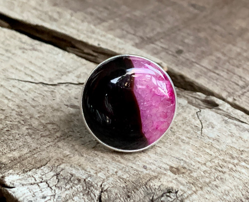 Stunning Edgy Black and Pink Inner Druzy Agate Sterling Silver Ring | Druzy Ring