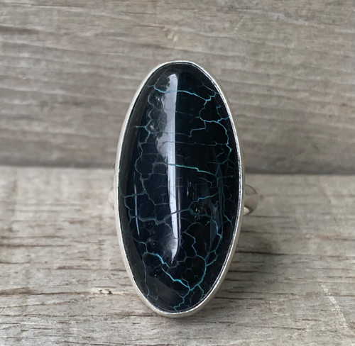  Large Oval Black and Neon Blue Dragon Vein Agate Sterling Silver Ring 
