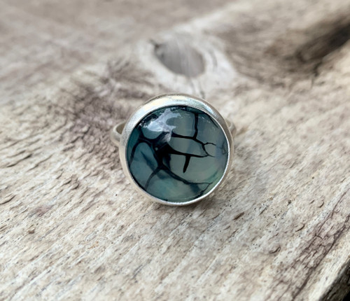 Elegant Round Blue and Black Dragon Agate Sterling Silver Ring