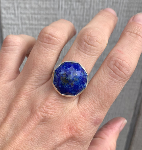 Stunning Large Round Cobalt Blue Faceted Lapis Lazuli Sterling Silver Statement Ring