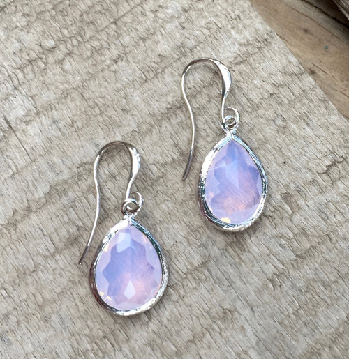 Teardrop Rhodium Wrapped Faceted Violet Opalite Elegant Minimalist Earrings