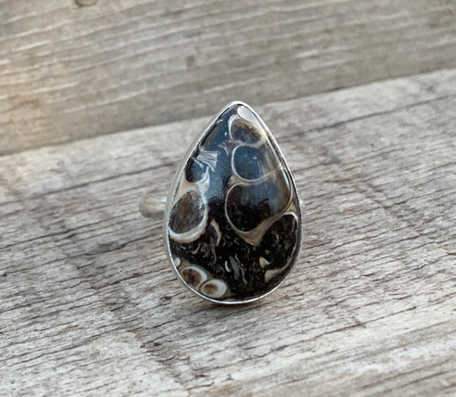 Rare Large Teardrop Turritella Agate Sterling Silver Statement Ring | Fossil Ring 