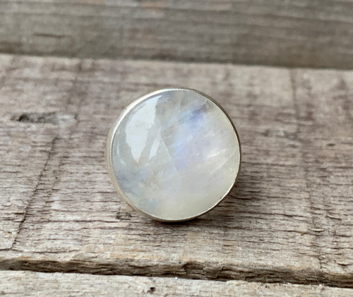 Elegant Large Round Flashy White Moonstone Sterling Silver Ring | Witchy | June Birthstone