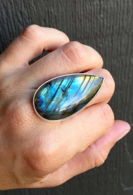 Stunning Flashy Pear Shaped Labradorite Geometric Ring in Sterling Silver