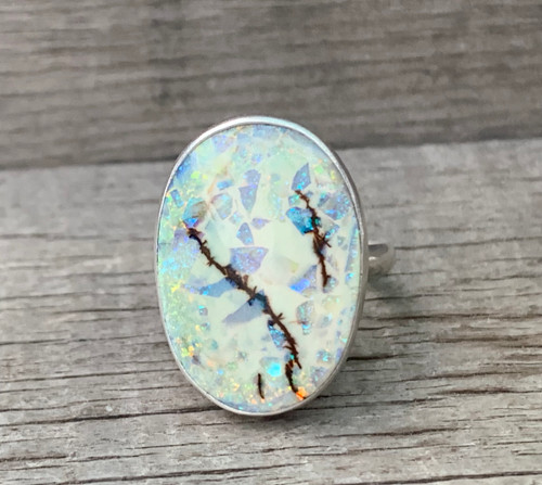 Large Oval Yellow Purple Green Monarch Sterling Opal Statement Ring  Sizes 8-9