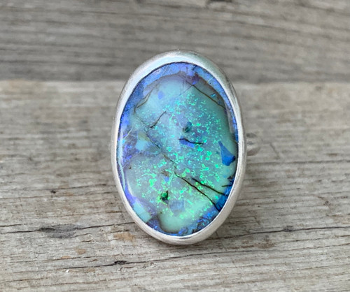 Elegant Oval Blue Green Sparkly Monarch Sterling Opal Statement Ring Size 5.5-6.5