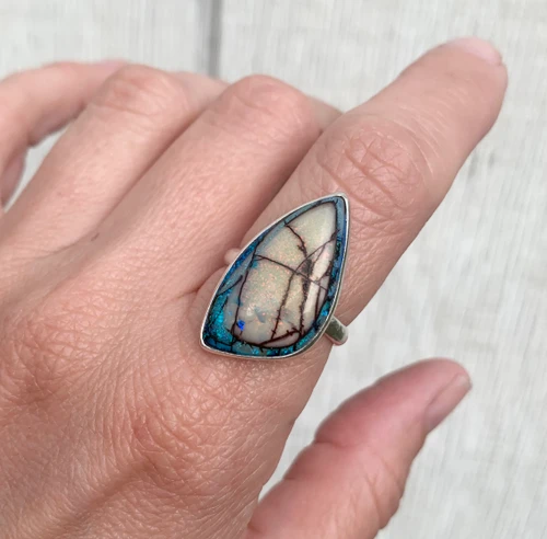 Free Form Blue Purple Sparkly Monarch Sterling Opal Statement Ring Size 8.75-9.25