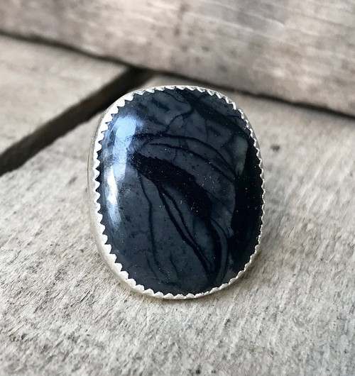 Black and Gray Charcoal Picasso Jasper Sterling Silver Statement Ring