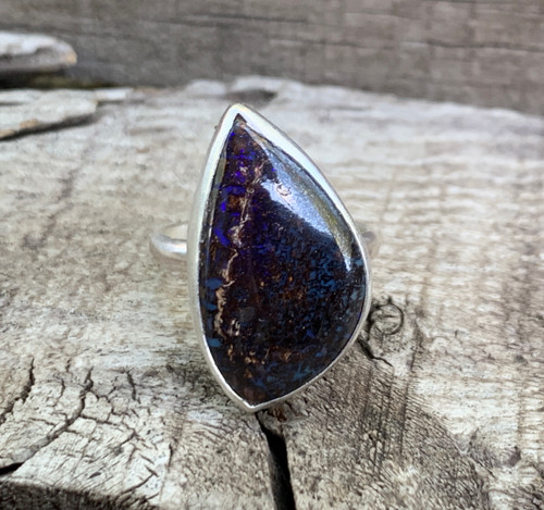 Dark Purple Blue Free Form Yowah Wood Opal Sterling Silver Ring | Petrified Wood Ring | Opal Ring