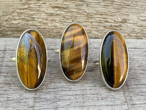 Large Elongated Oval Brown Tiger Eye Sterling Silver Statement Ring