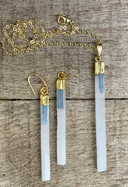 Elegant White Selenite Crystal with Blue Kyanite Earrings and Necklace Set