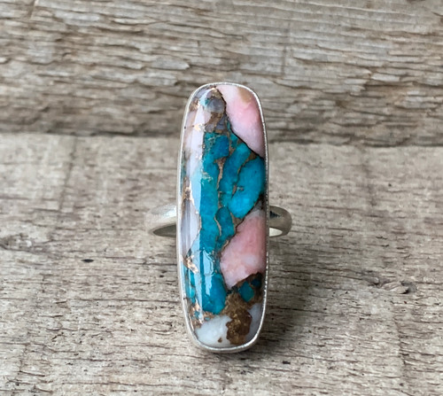 Elegant Rectangle Cushion Cut Bronze Pink Opal Turquoise Sterling Silver Ring