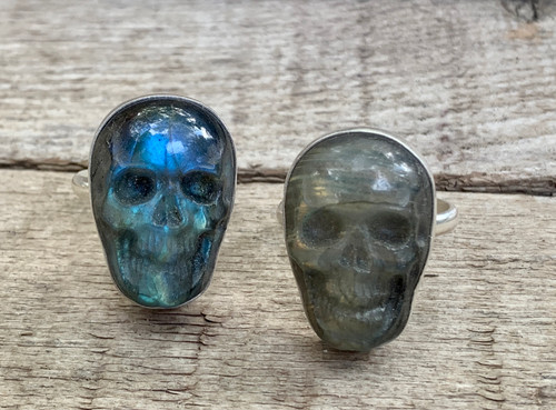 Spooky Labradorite Hand Carved Skull Sterling Silver Statement Ring