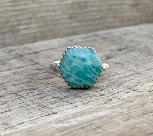 Sparkly Striped Blue Hexagon Faceted Amazonite Sterling Silver Ring with Sterling Silver Floral Ring Band 