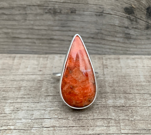 Rare Large Teardrop Orange Red Apple Coral Sterling Silver Ring