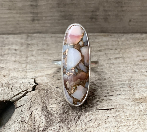 Long Oval Bronze Pink Opal Copper Sterling Silver Ring 
