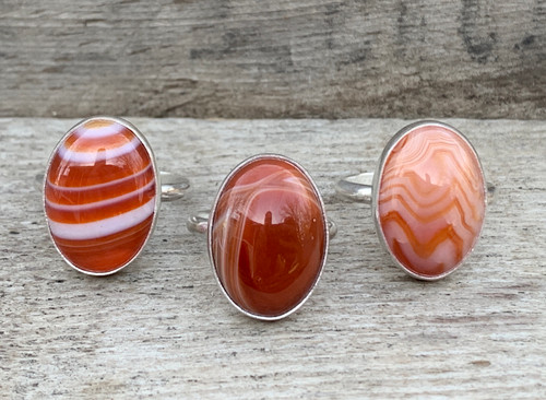 Choose Your Stone Orange Red Banded Agate Oval Sterling Silver Ring