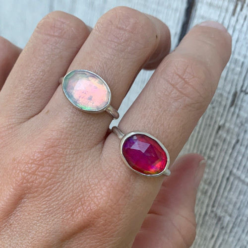 Horizontal Oval Faceted Aurora Opal Doublet Sterling Silver Ring