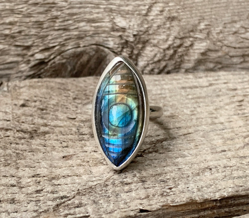 Small Rainbow Labradorite Evil Eye Sterling Silver Ring Size 7-7.5