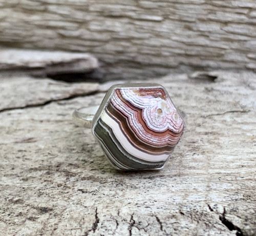 Dainty Geometric Crazy Lace Agate Sterling Silver Hexagon Ring