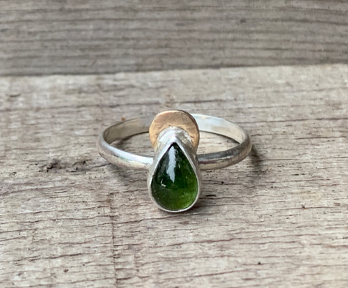 Green Teardrop Tourmaline in Sterling Silver with Gold Crescent Moon Accent Ring 