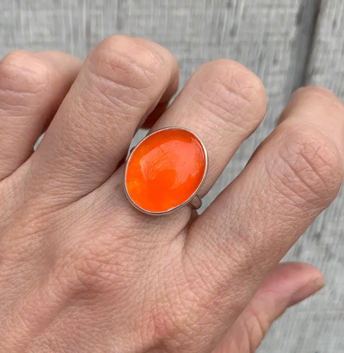 Rare Large Oval Chinese Orange Jadeite Sterling Silver Ring Size Size 7.75-8.75