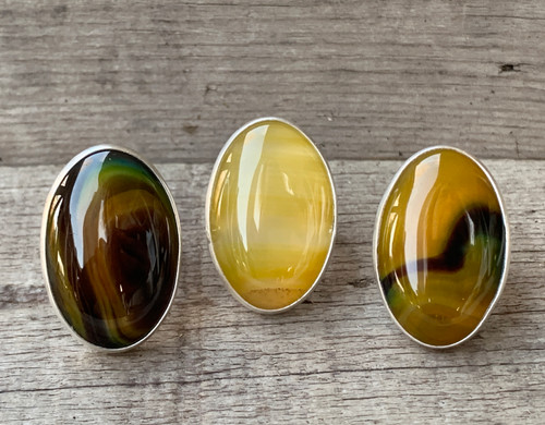 Large Oval Yellow Brown Agate Sterling Silver Ring 
