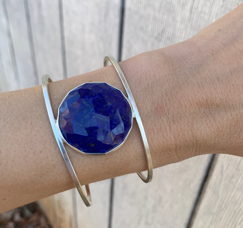 Edgy Large Round Faceted Lapis Lazuli Sterling Silver Square Wire Cuff Bracelet 