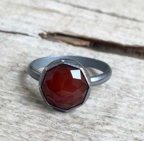 Gunmetal Blood Red Faceted Carnelian Geometric Sterling Silver Ring of Grounding