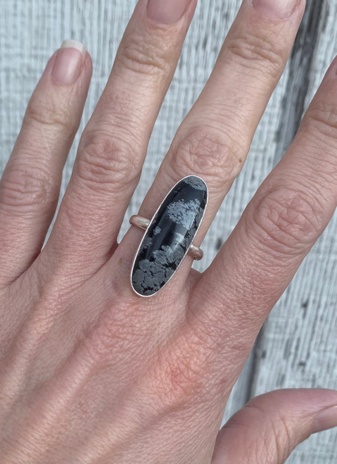 Long Oval Snowflake Obsidian Sterling Silver Ring