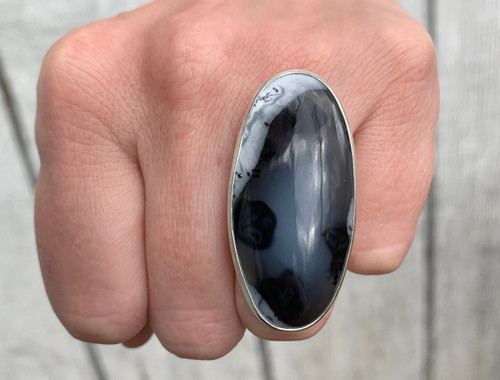 Large Monochromatic Dendrite Opal Agate Sterling Silver Statement Ring