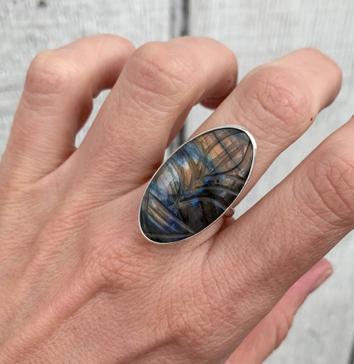 Floral Carved Orange and Blue Large Oval Labradorite Sterling Silver Ring