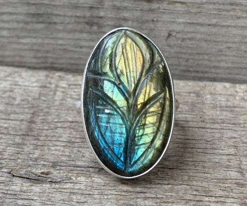 Hand Carved Leaf Blue Green Yellow Large Oval Labradorite Sterling Silver Ring