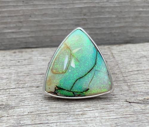 Large Triangle Green Yellow Monarch Sterling Opal Statement Ring