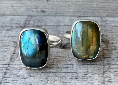 Large Cushion Cut Flashy Labradorite Sterling Silver Ring