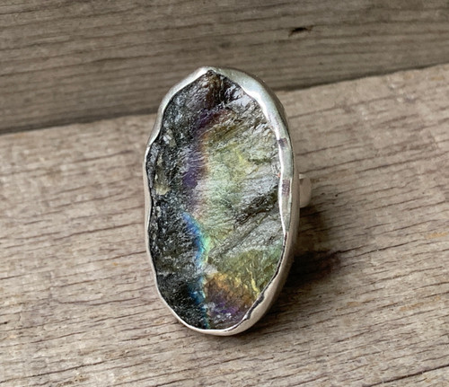 Rainbow Peacock Large Oval Rough Cut Labradorite Sterling Silver Ring