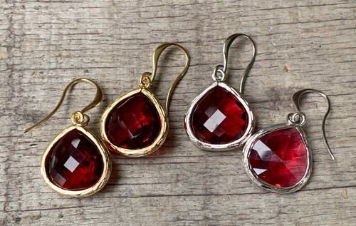 Bright Red Glass Gold or Silver Dangle Teardrop Earrings