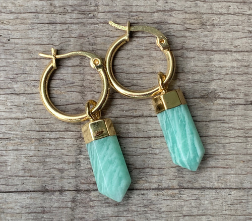  Amazonite Crystal Point Earrings with Gold Hoops